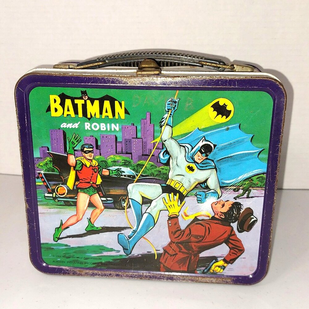 Vtg Batman and Robin Tin Lunchbox - Missing graphics on sides - No Thermos